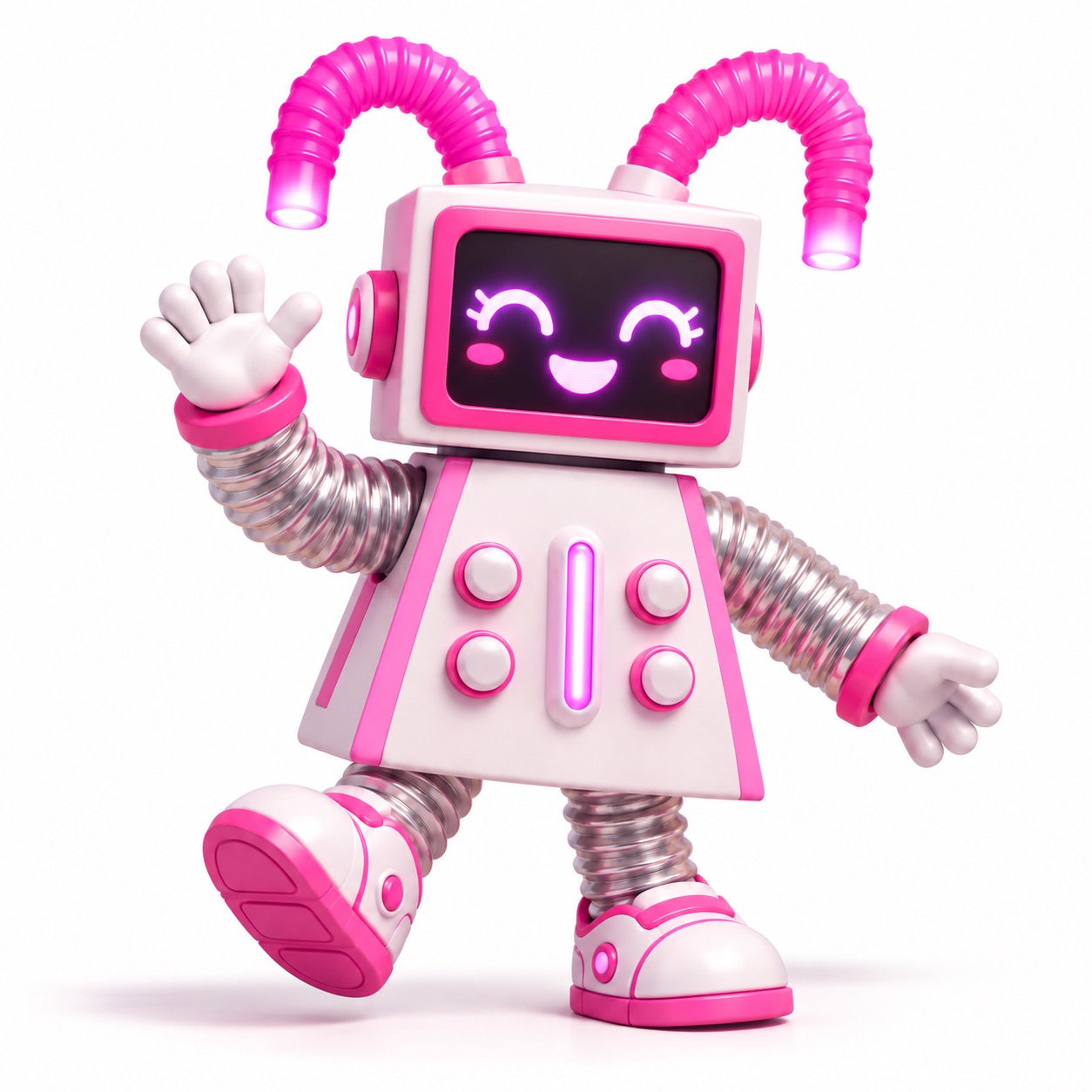 SI-Bot, a joyful pink-and-white robot, ready to help you explore business possibilities
